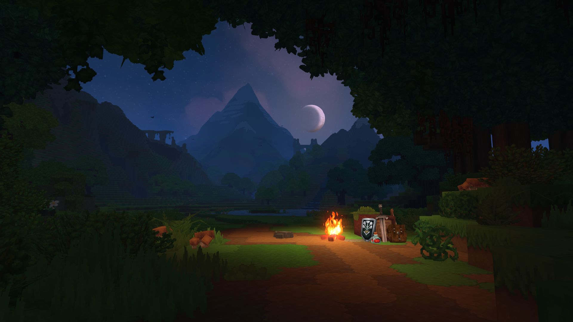 A campfire on a path at night in Hytale, mountains and a crescent moon on the horizon