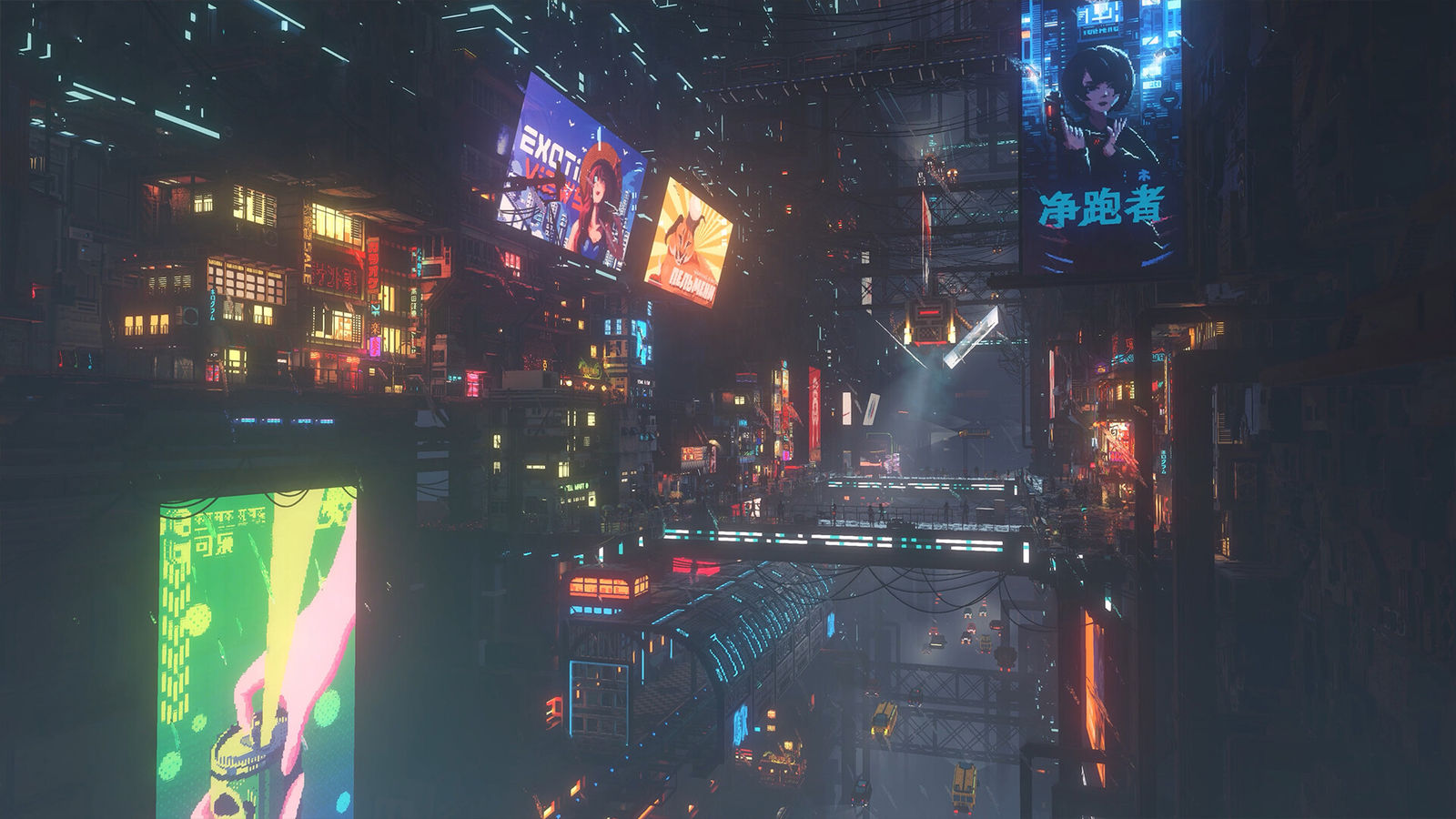 Nivalis Nights screenshot: a neon-lit vertical street at night, lined with billboards