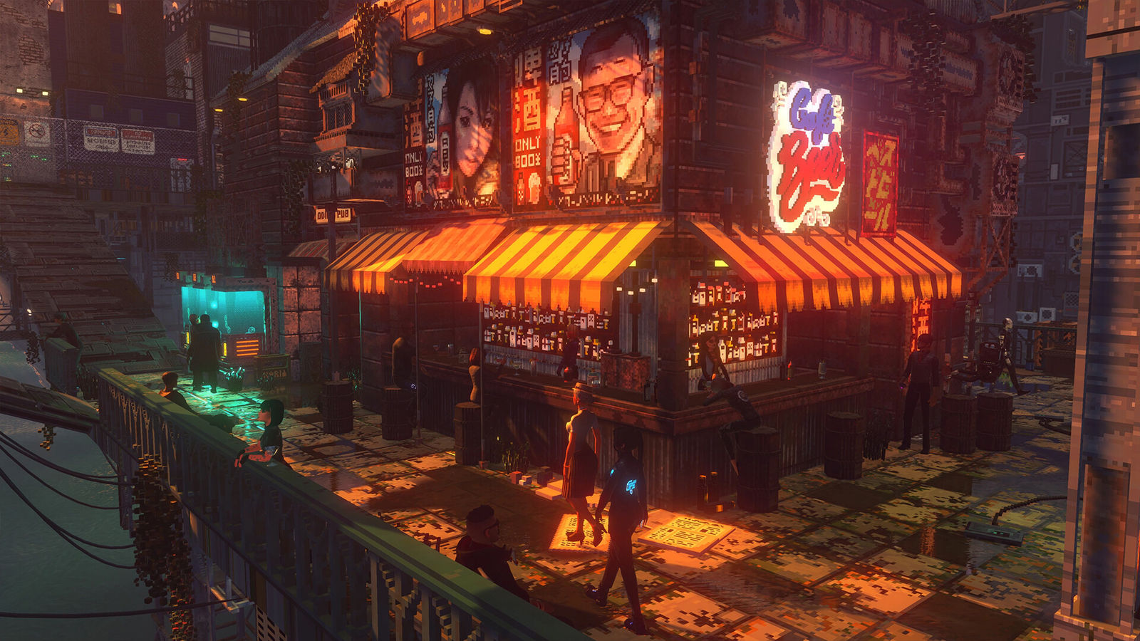 Nivalis Nights screenshot: a food stall with striped awnings under neon signs