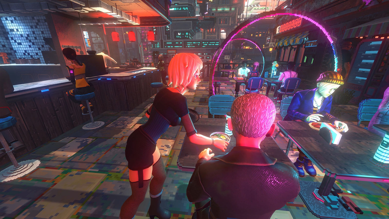 Nivalis Nights screenshot: a waitress serving customers at a ramen bar