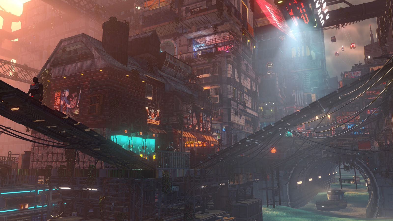 Nivalis Nights screenshot: elevated tracks and stacked houses above the harbour on a misty day