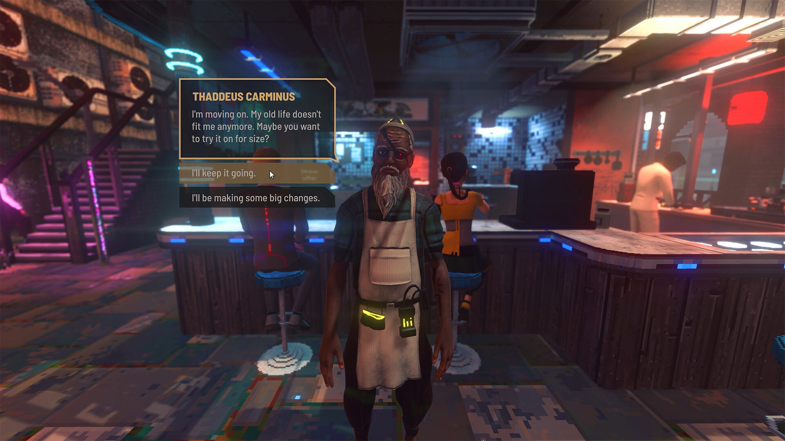 Nivalis Nights screenshot: a conversation with a regular at a noodle bar counter