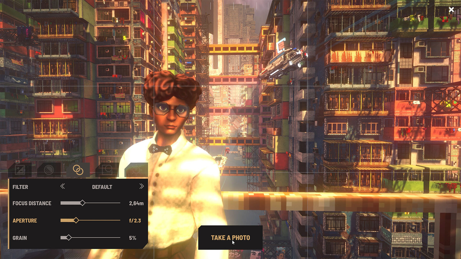 Nivalis Nights screenshot: a character posing in photo mode with focus and grain sliders