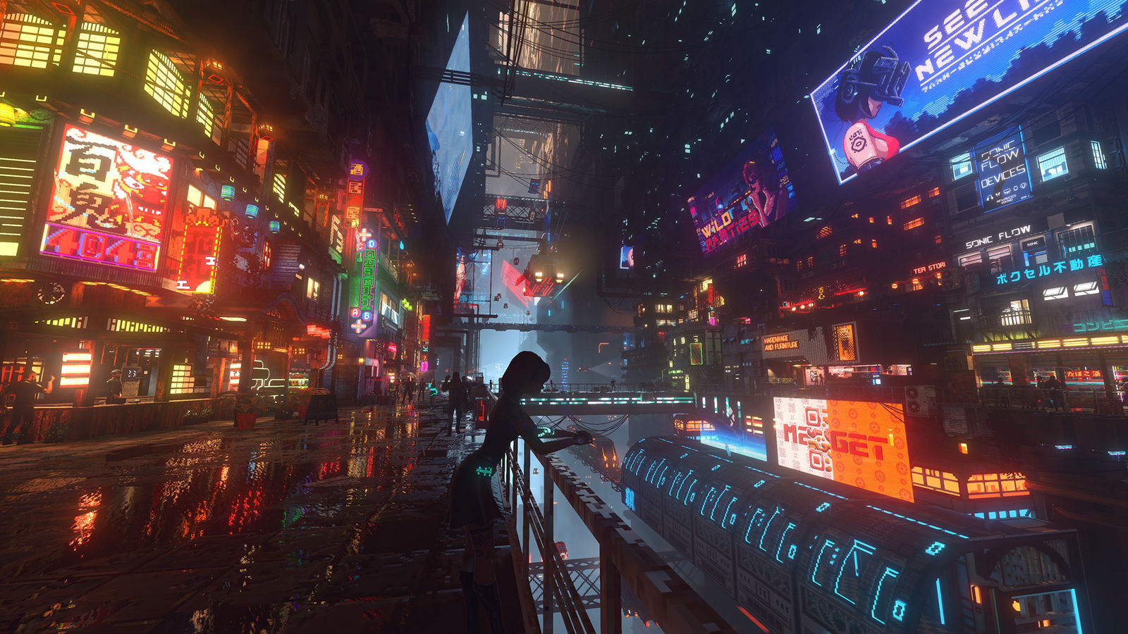 Nivalis Nights screenshot: a neon market street at night seen from a walkway