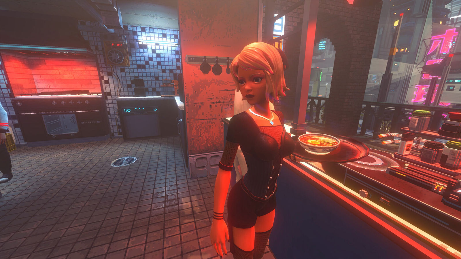Nivalis Nights screenshot: a waitress carrying a bowl of noodles through a tiled kitchen