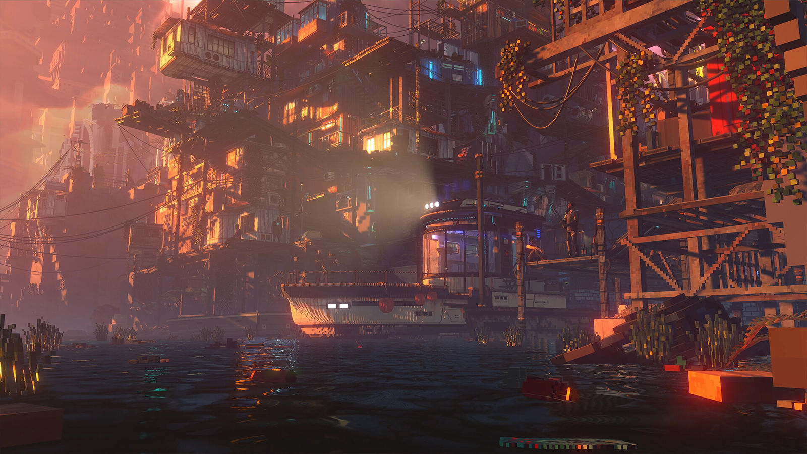 Nivalis Nights screenshot: a boat in the harbour below the stacked city at dusk