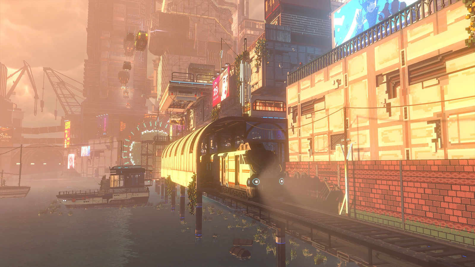 Nivalis Nights screenshot: a hover train crossing the water on a hazy day