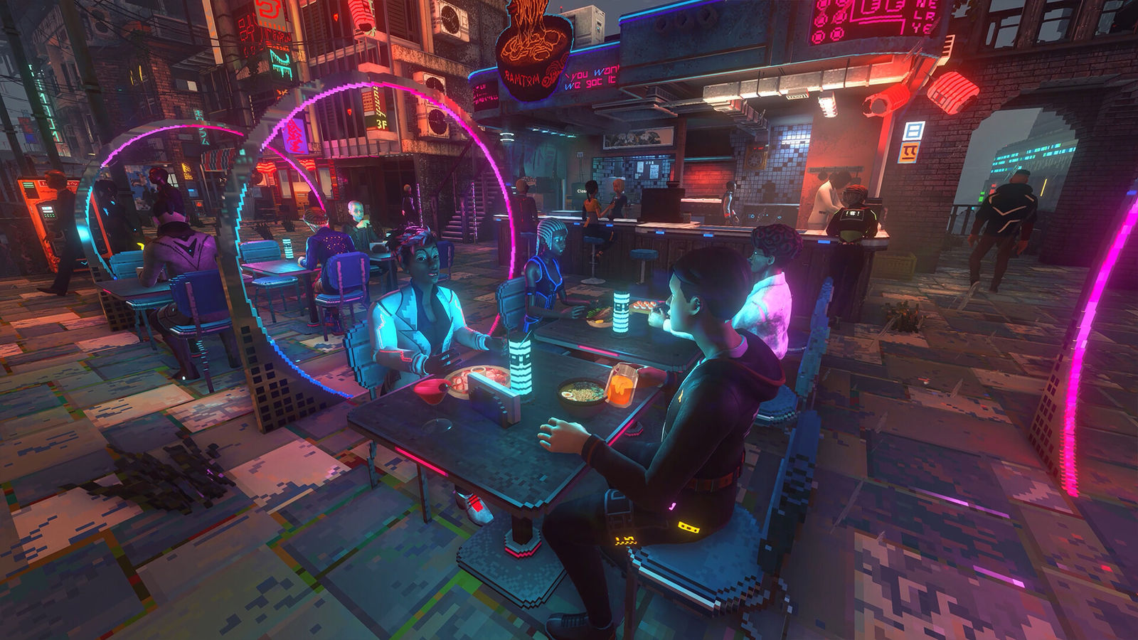 Nivalis Nights screenshot: guests at tables in a neon-lit restaurant
