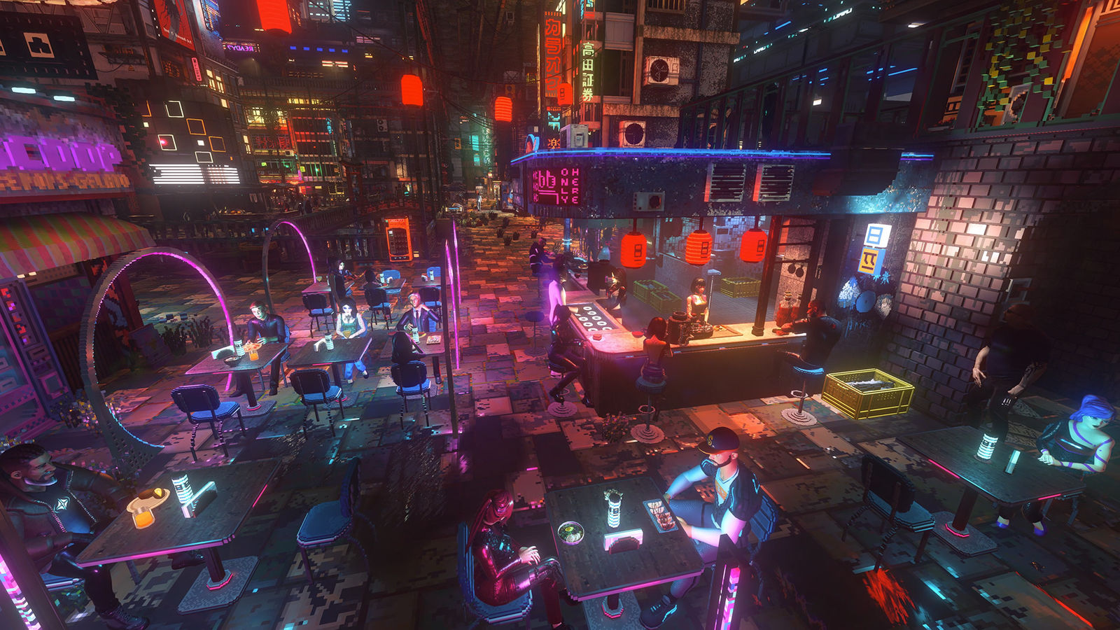 Nivalis Nights screenshot: a busy open-air restaurant under arched neon signs