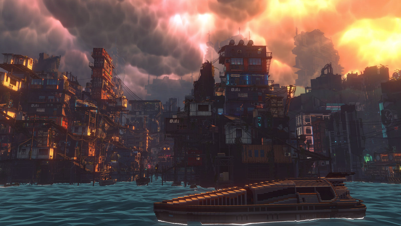 Nivalis Nights screenshot: a boat on the sea in front of the city under a stormy sky