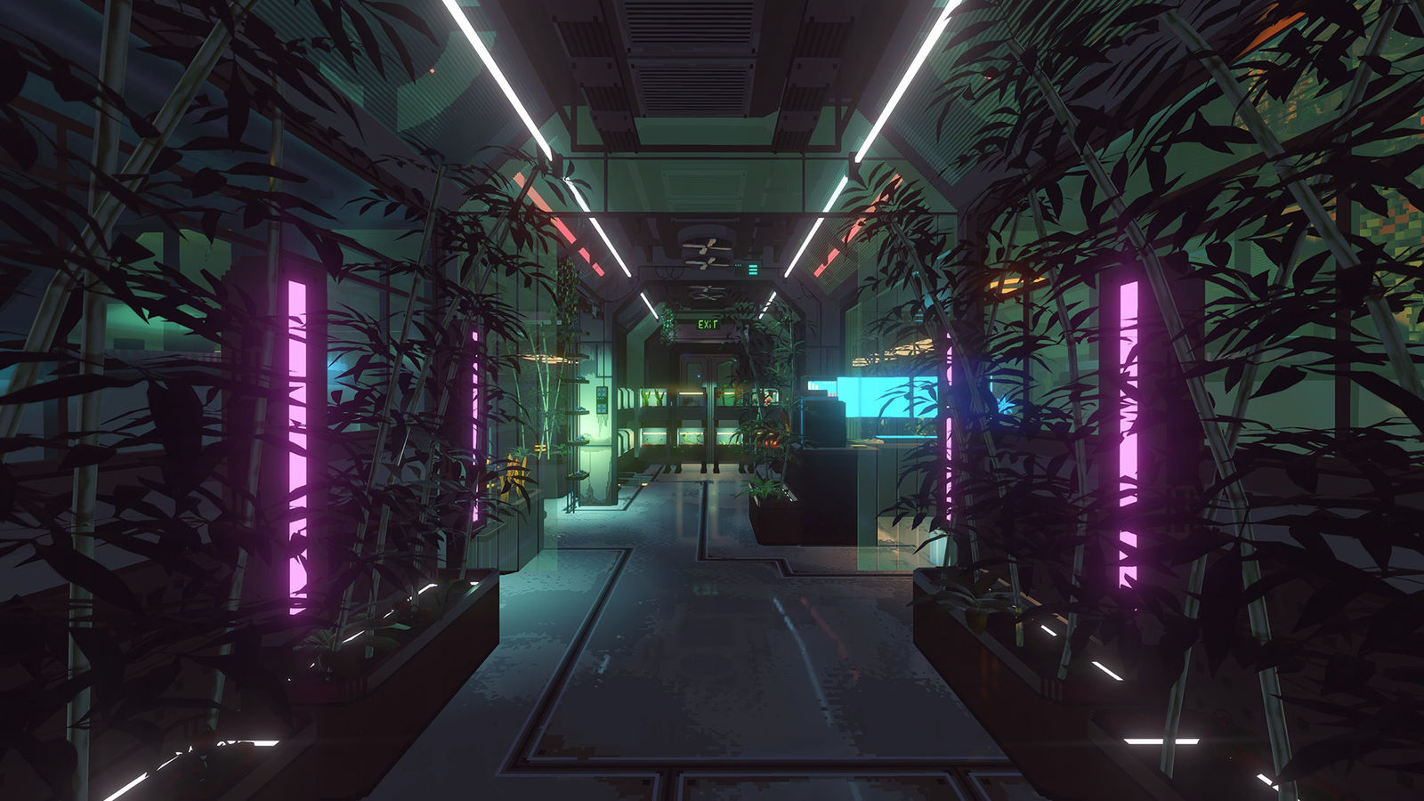 Nivalis Nights screenshot: a green corridor lined with plants and neon strips