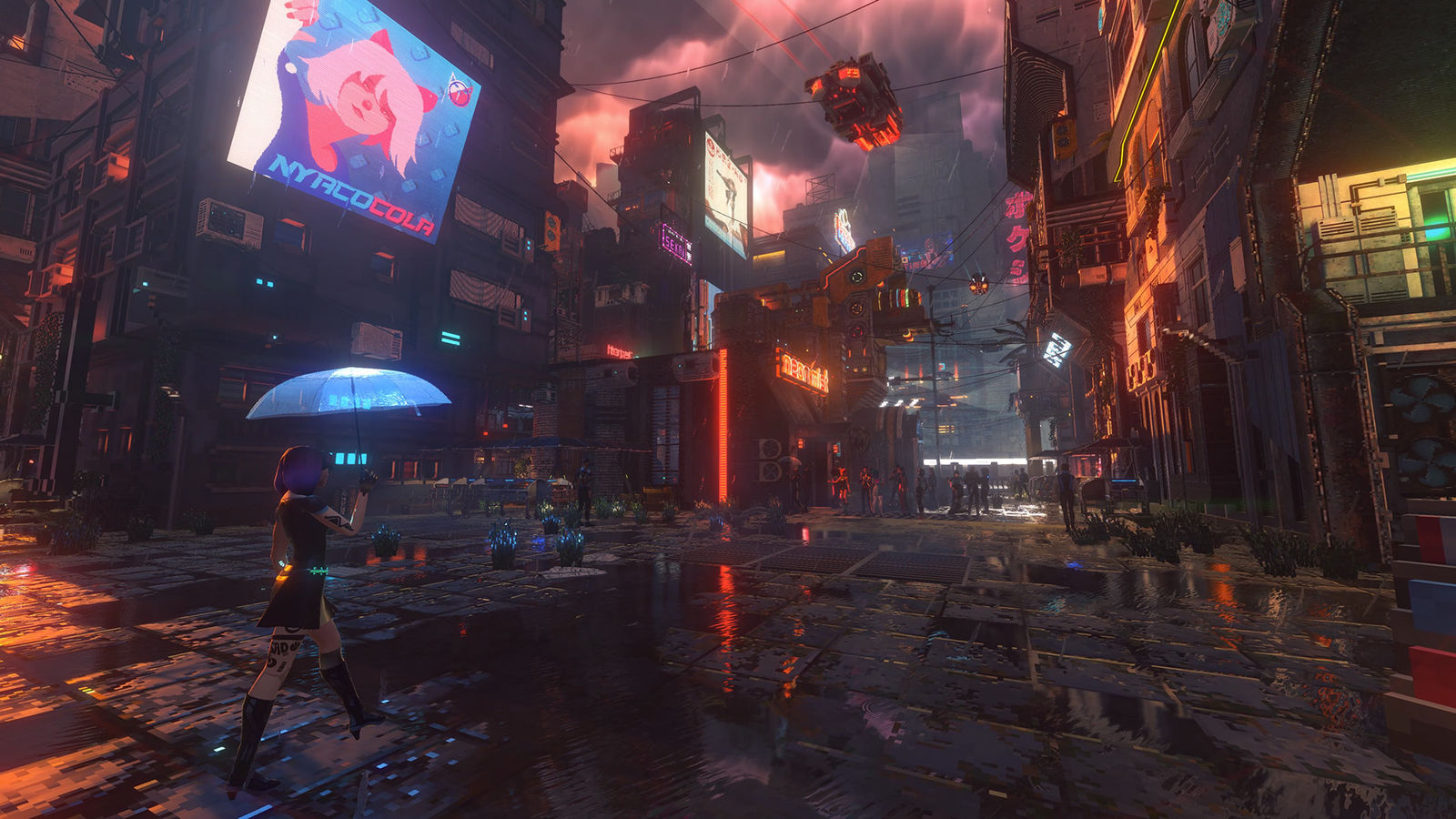 Nivalis Nights screenshot: a character with an umbrella on a rainy street under billboards