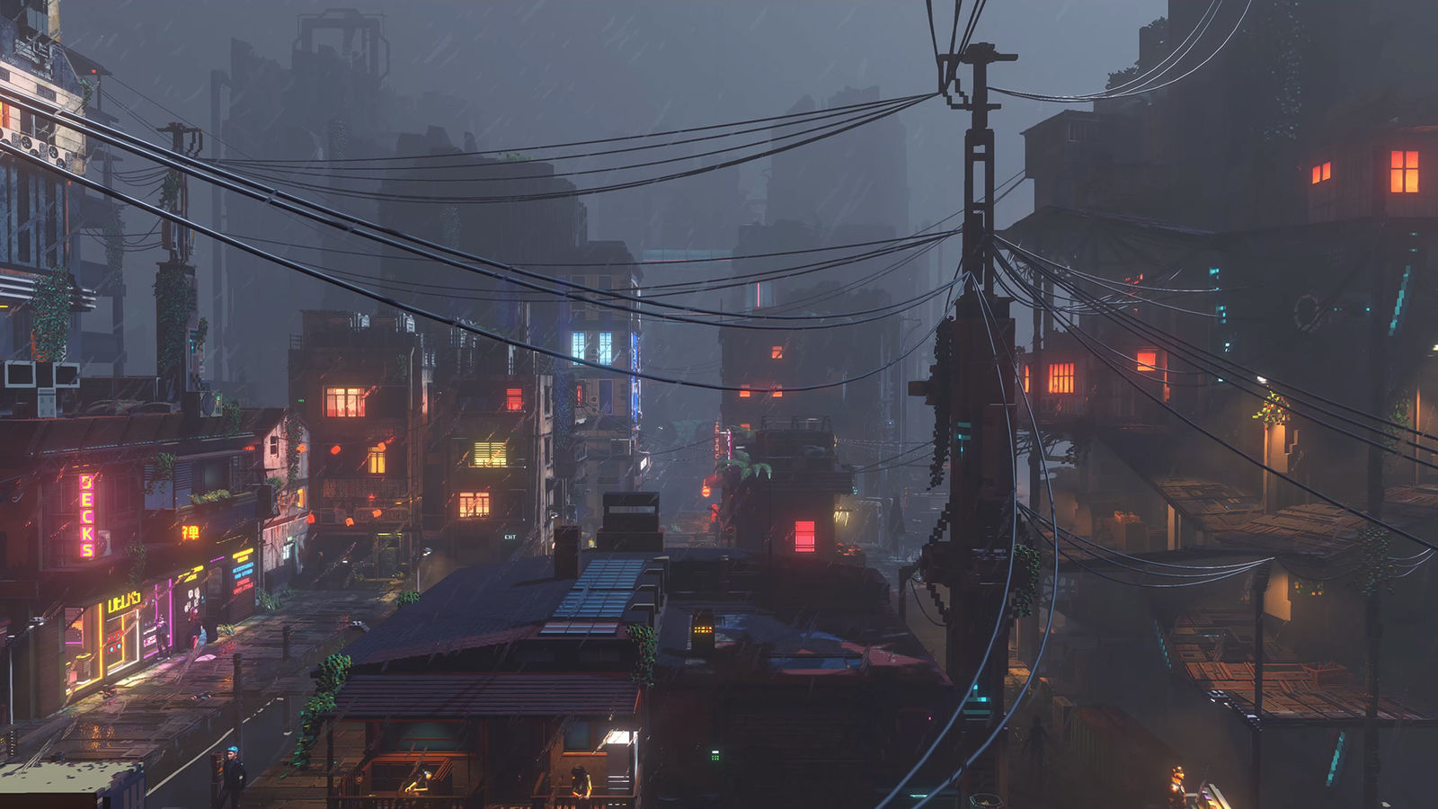 Nivalis Nights screenshot: a rainy rooftop view over power lines and lit windows