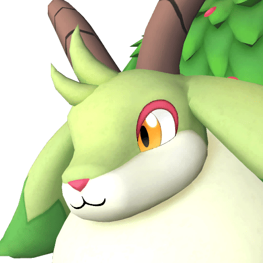 Caprity, Palworld Paldeck No. 034 - a Grass goat with a berry shrub on its back
