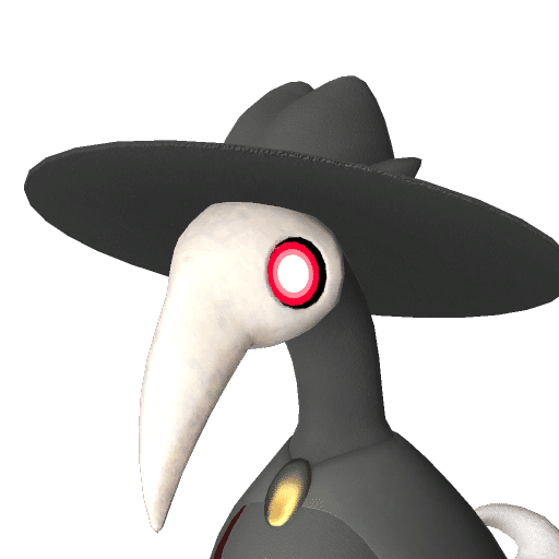 Cawgnito, Palworld Paldeck No. 057 - a Dark floating crow in a plague-doctor hat and cloak