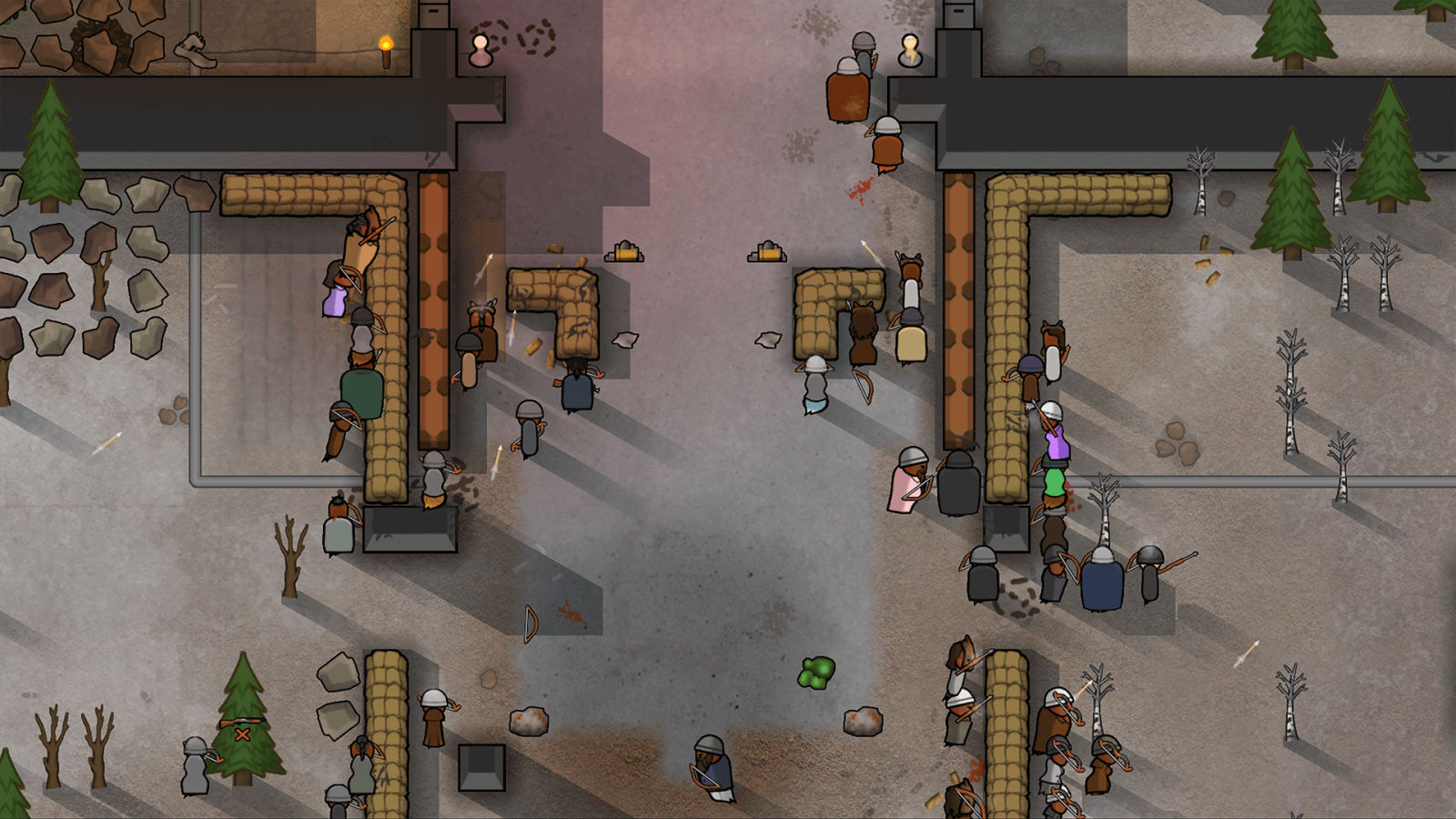 A tribal raid group attacking a RimWorld colony