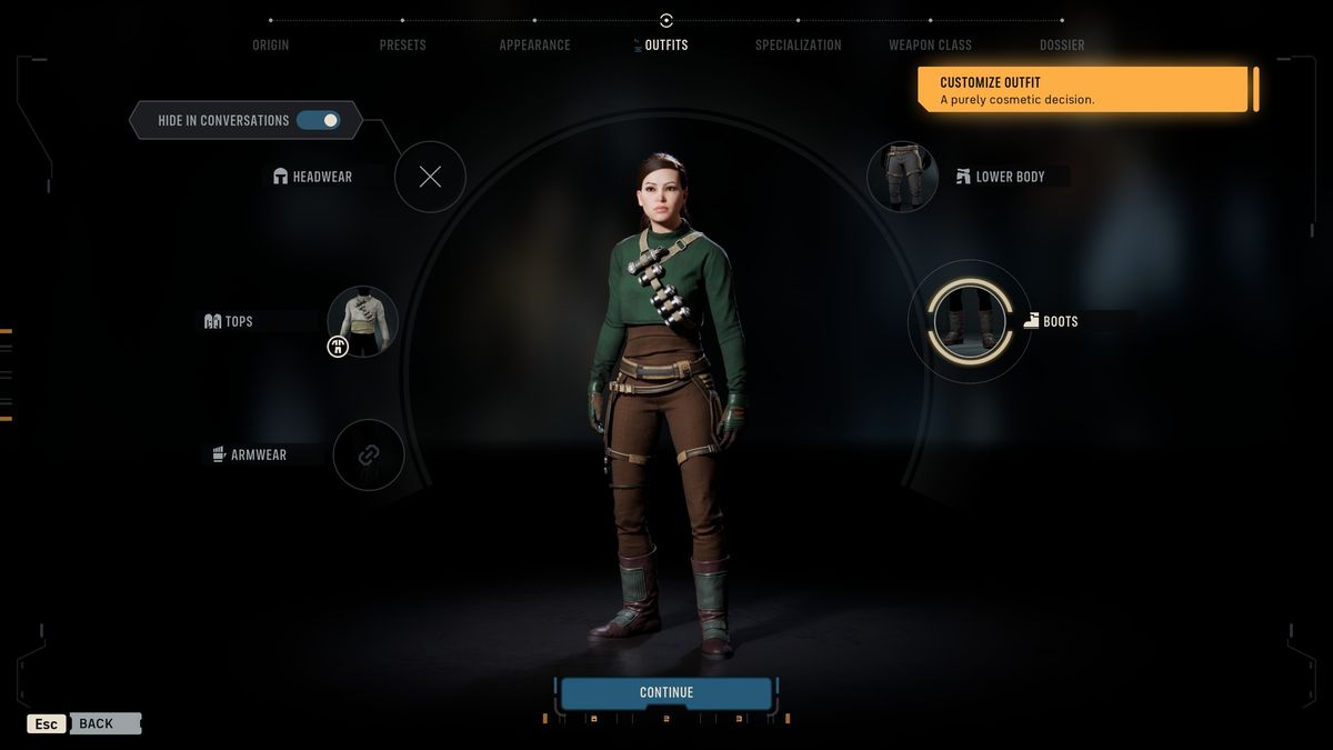 The outfit step of character creation in Star Wars Zero Company, with an operator in a green jacket being adjusted against the customisation panel