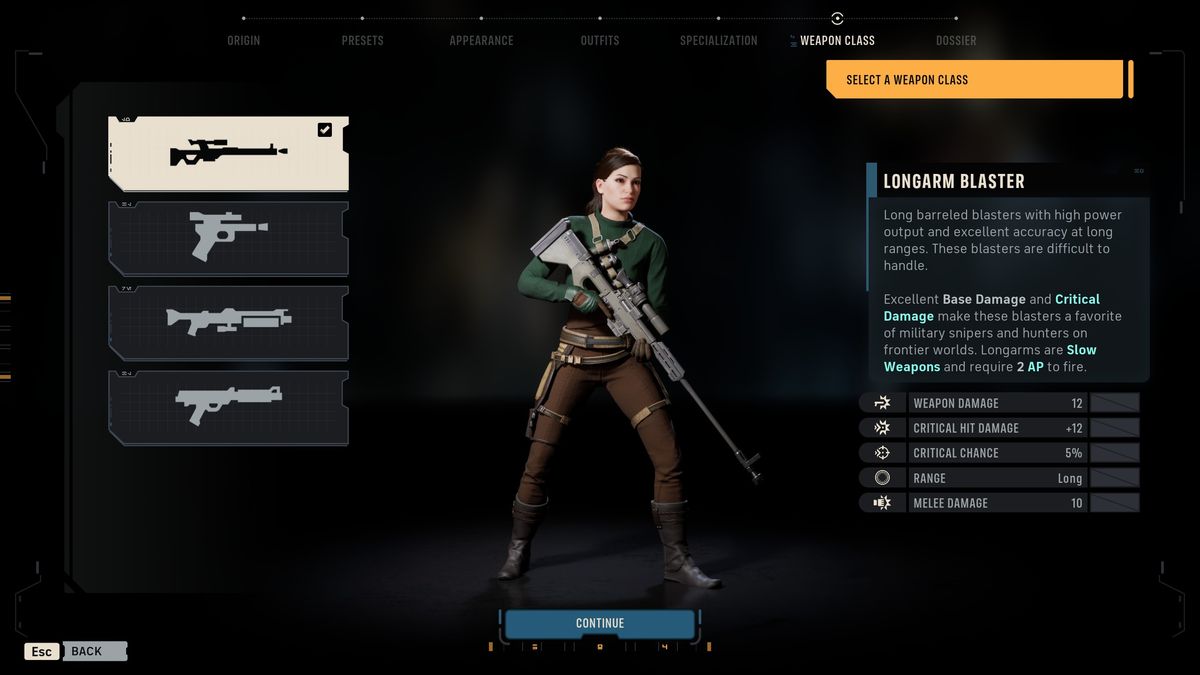 The weapon class selection screen in Star Wars Zero Company showing the Longarm Blaster stat block: 12 weapon damage, plus 12 critical hit damage, 9 per cent critical chance, long range