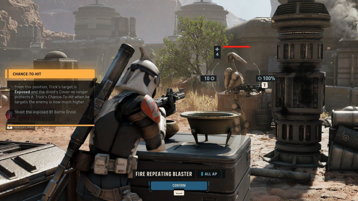 A clone trooper in cover in Star Wars Zero Company with the action bar open on Fire Repeating Blaster and its action point cost shown
