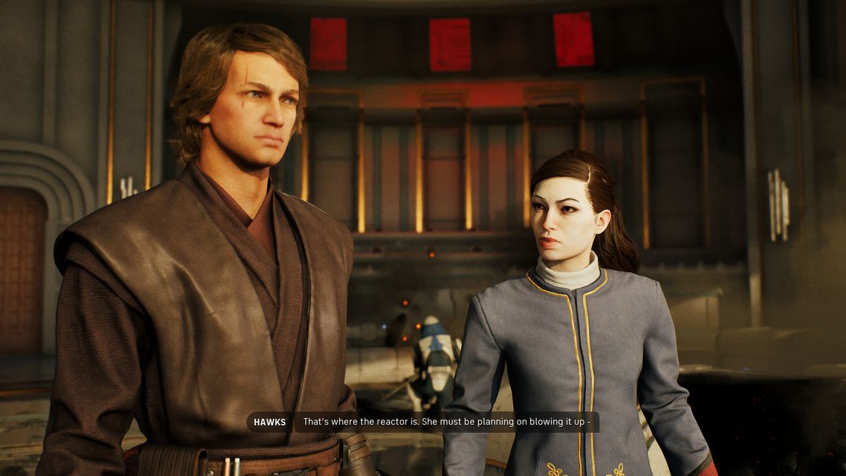 Anakin Skywalker in Jedi robes standing beside Hawks in a grey uniform during a mission scene in Star Wars Zero Company