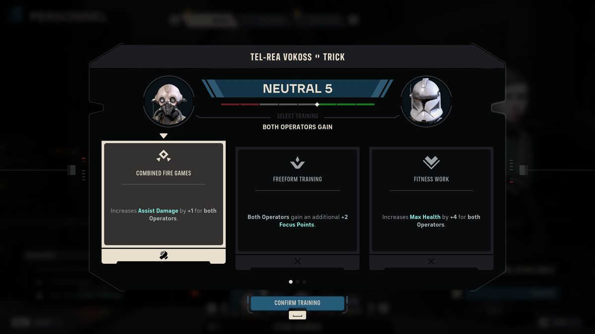 A bond screen in Star Wars Zero Company listing the passive bonuses two operators unlock as their bond level rises