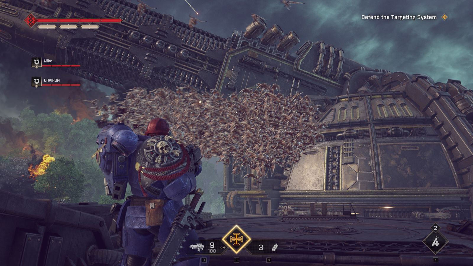 A Space Marine on a walkway facing an enormous Tyranid swarm crossing a bridge