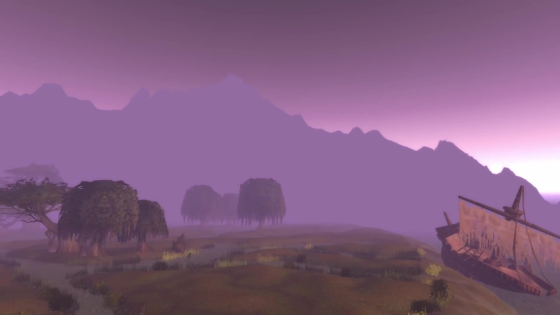 World of Warcraft Classic — the Wetlands coast in flat purple fog