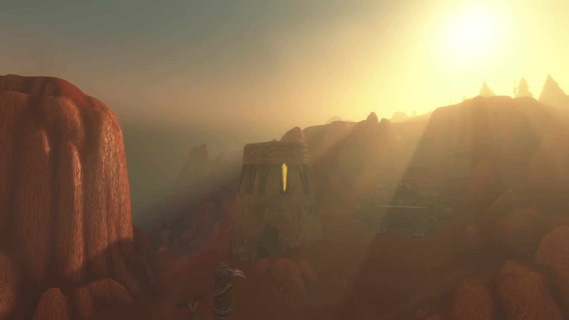 World of Warcraft: Forever — sunrise in the Badlands with light rays and terrain shadows