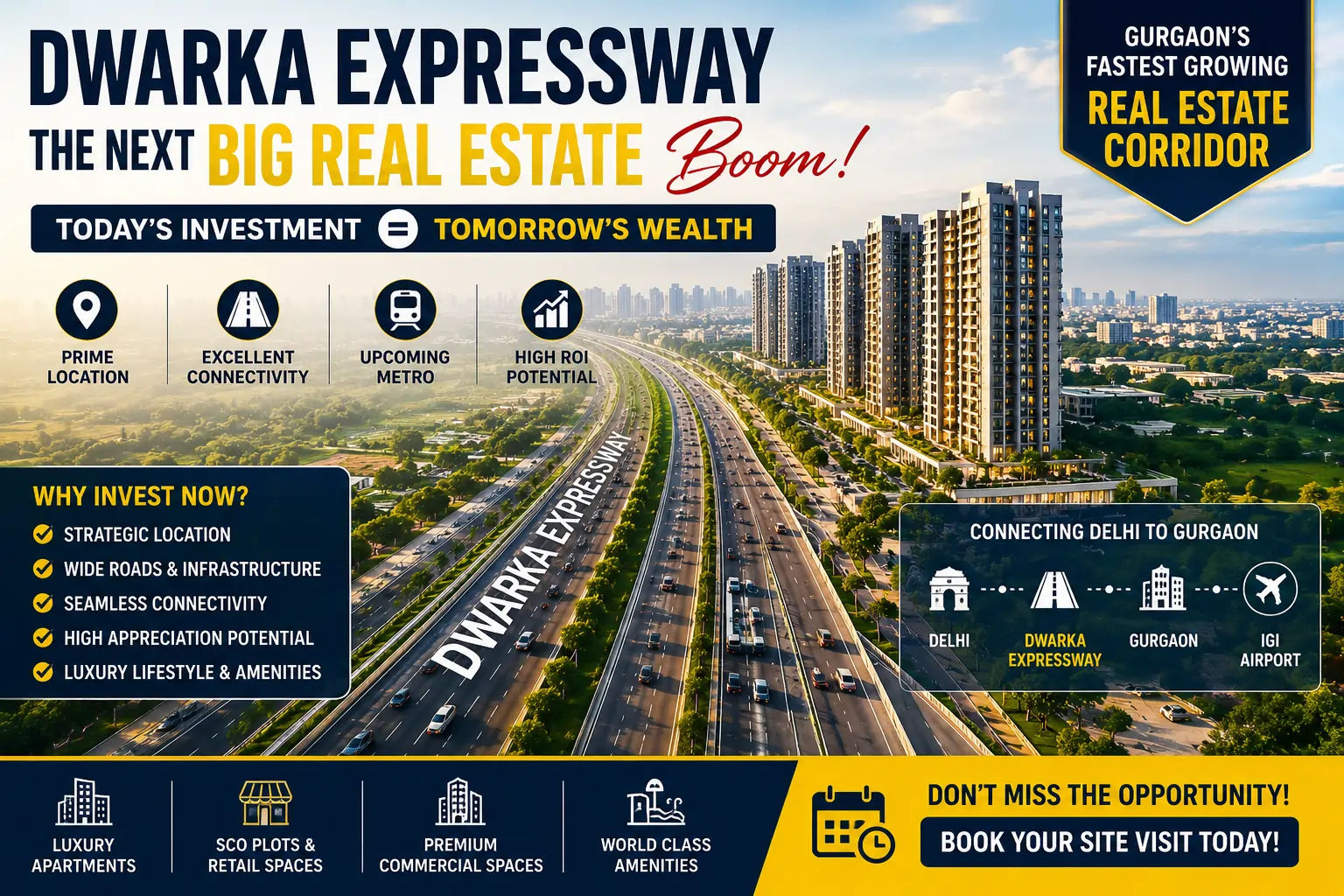 Dwarka Expressway Gurgaon luxury property investment banner with high-rise apartments and expressway view
