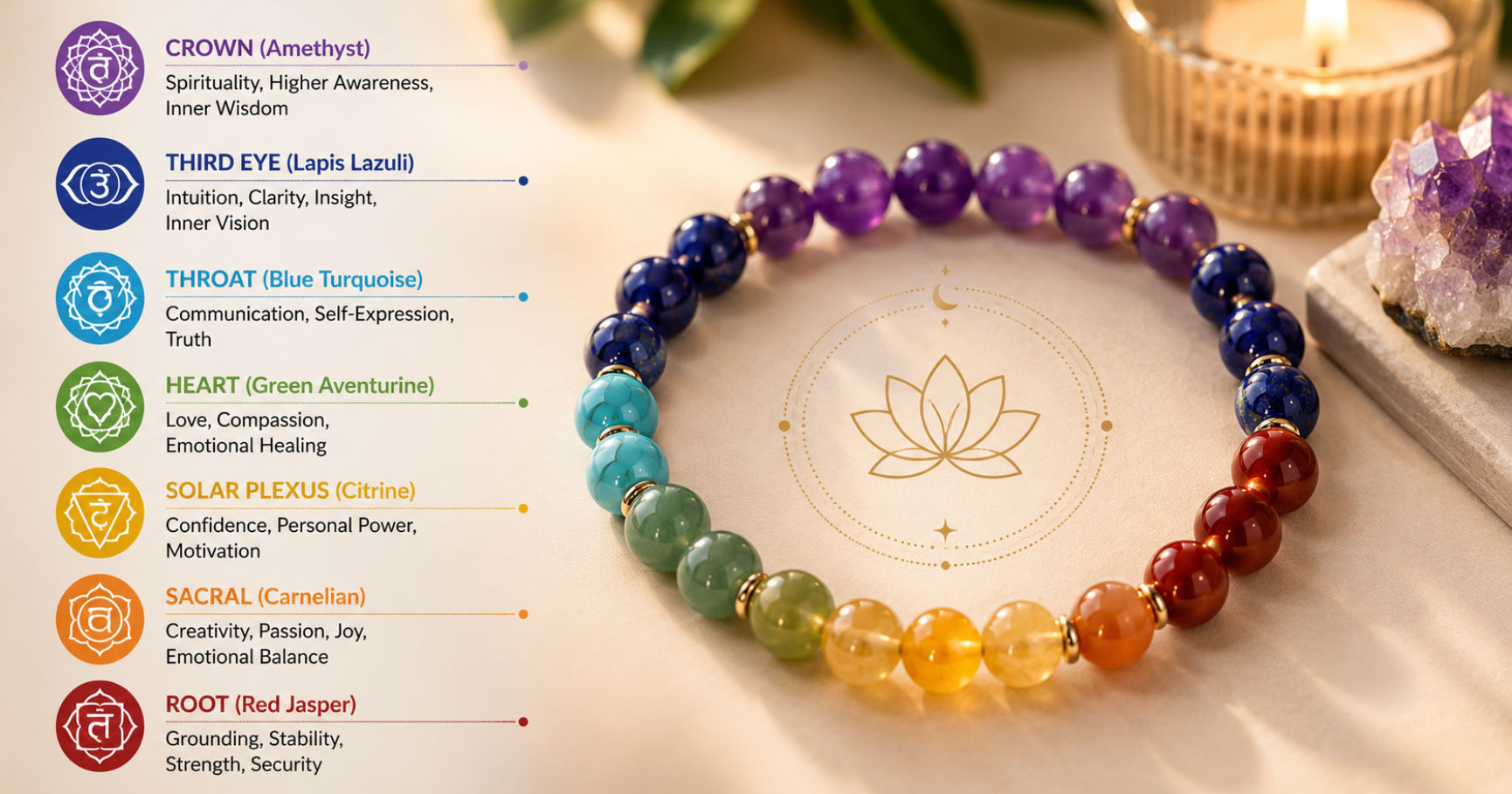 A colorful 7 chakra bracelet showcasing seven natural gemstones representing the complete human energy system