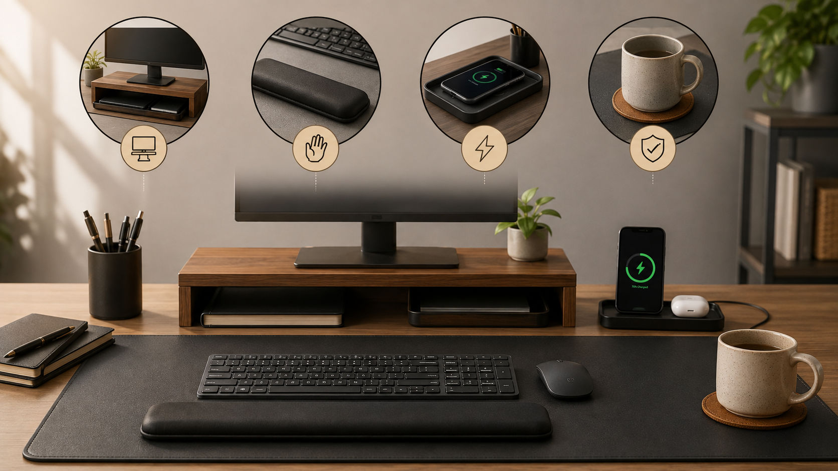 A wooden monitor stand lifting a screen to eye level while storing desk items underneath.