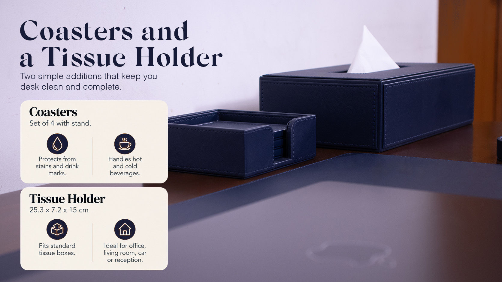 A matching set of four drink coasters in a holder alongside a leather tissue box cover as desk setup accessories.