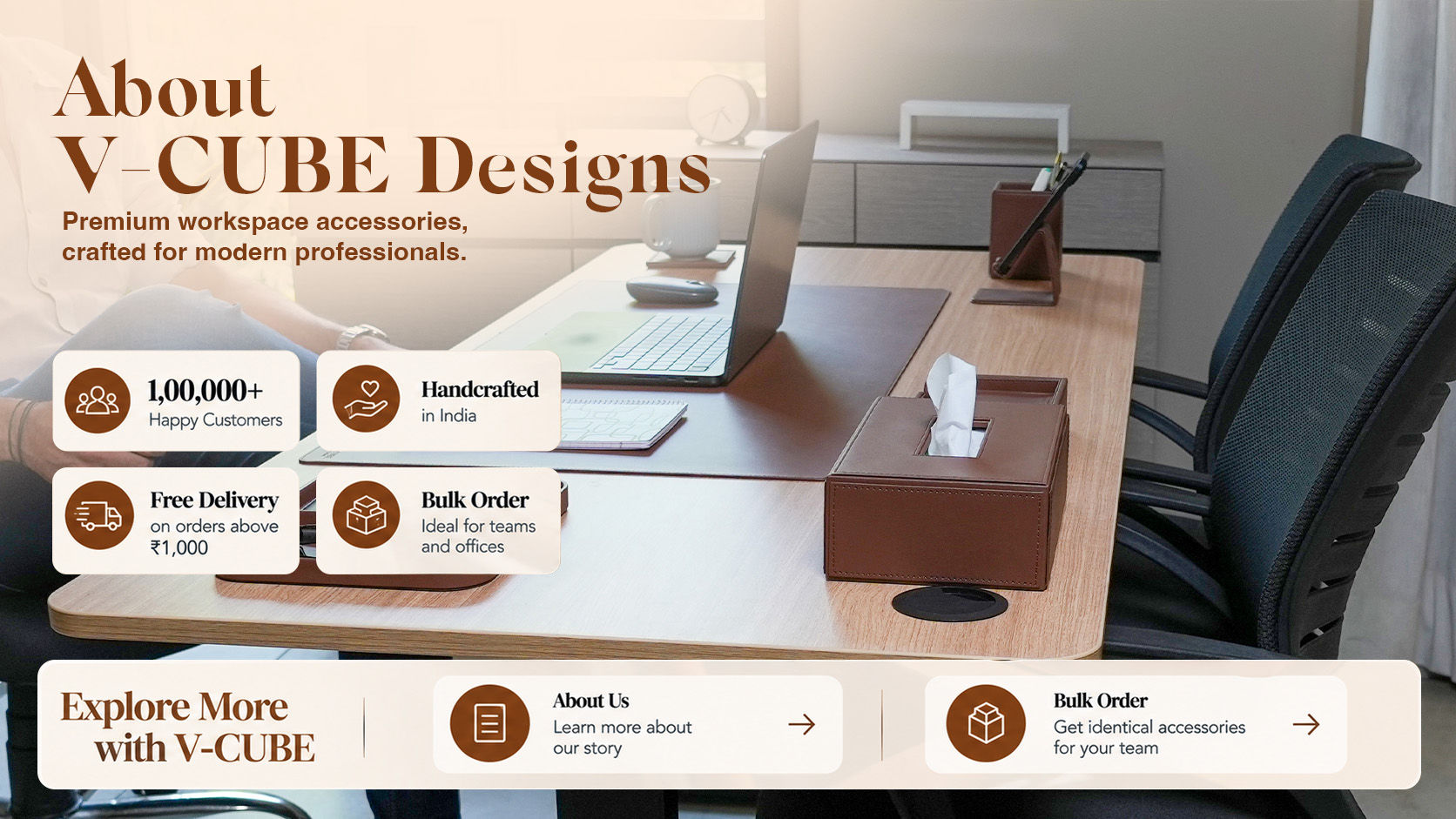 Premium computer desk accessories handcrafted in India by V Cube Designs for modern corporate workstations.