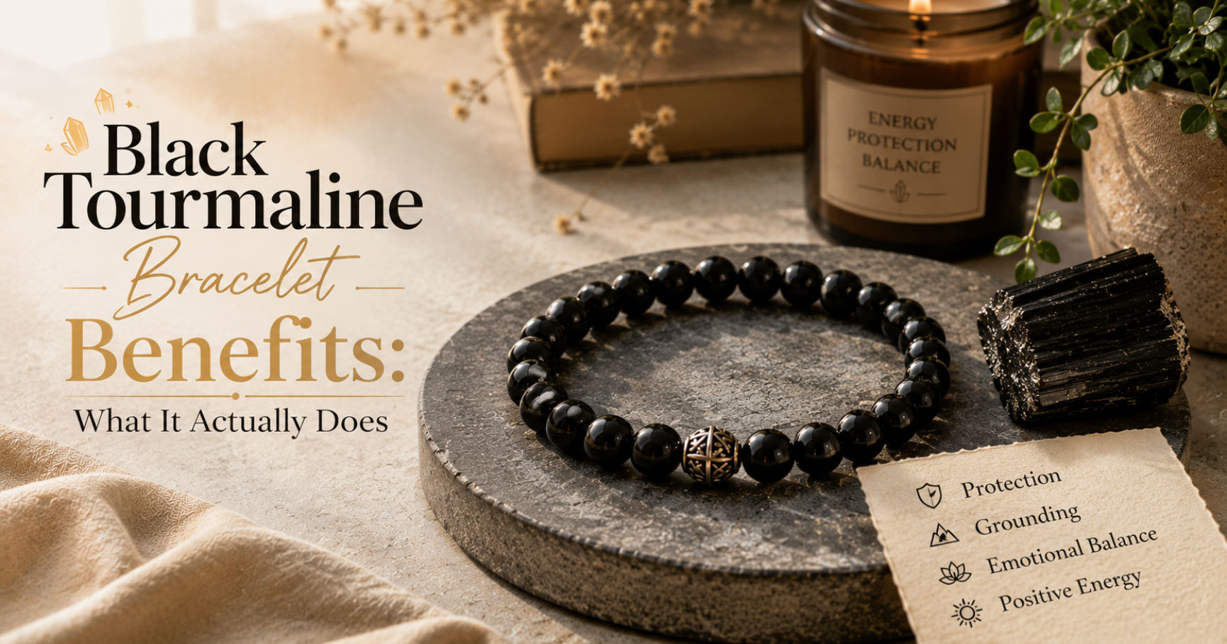 A natural crystal bracelet demonstrating black tourmaline bracelet benefits for energetic protection and negative energy shielding.