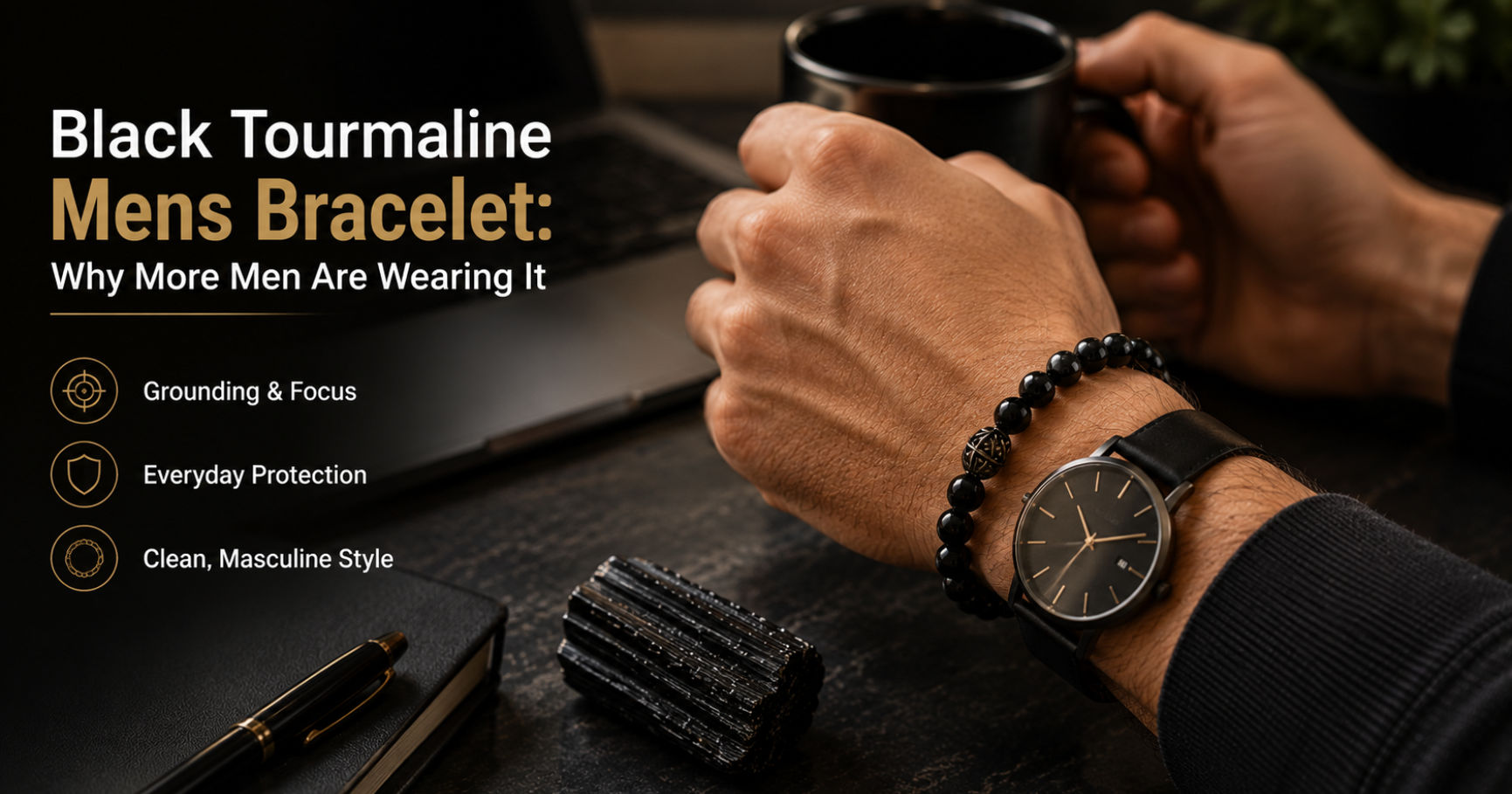 A matte black tourmaline mens bracelet showcasing a strong and grounded masculine aesthetic with substantial bead weight.