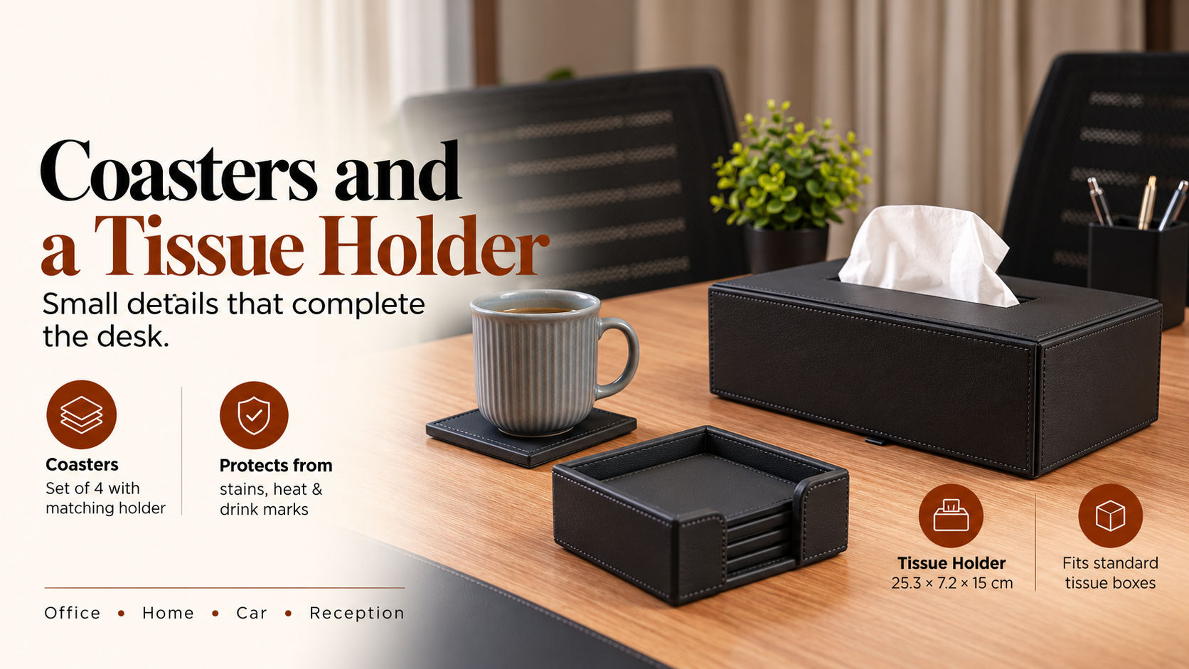 A set of four leather coasters with a stand alongside a tissue holder as office table top accessories.