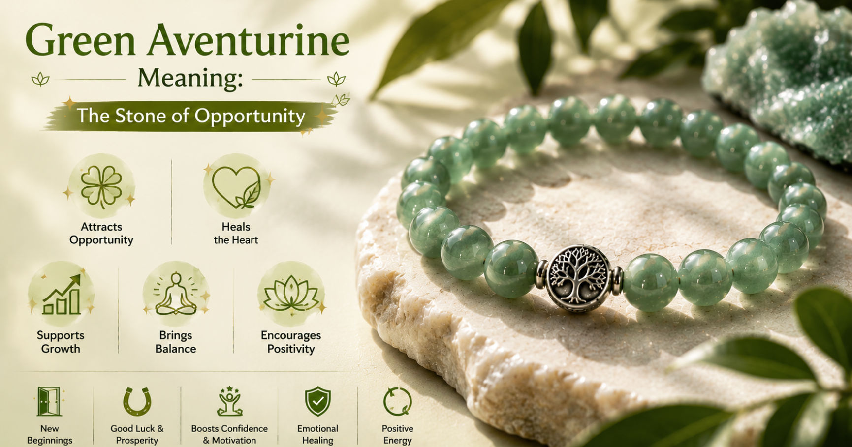 Green Aventurine Bracelet: Meaning, Benefits & Uses 2 A green aventurine bracelet crafted from polished green gemstone beads representing growth, luck, and heart chakra opening.