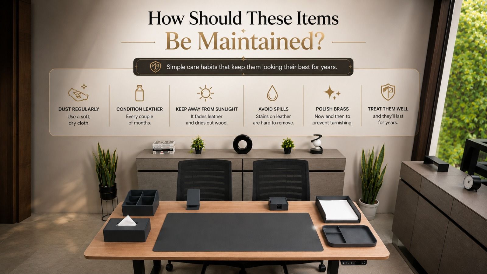 Wiping dust off a leather desk organizer using a soft dry cloth for luxury office desk accessories india maintenance.