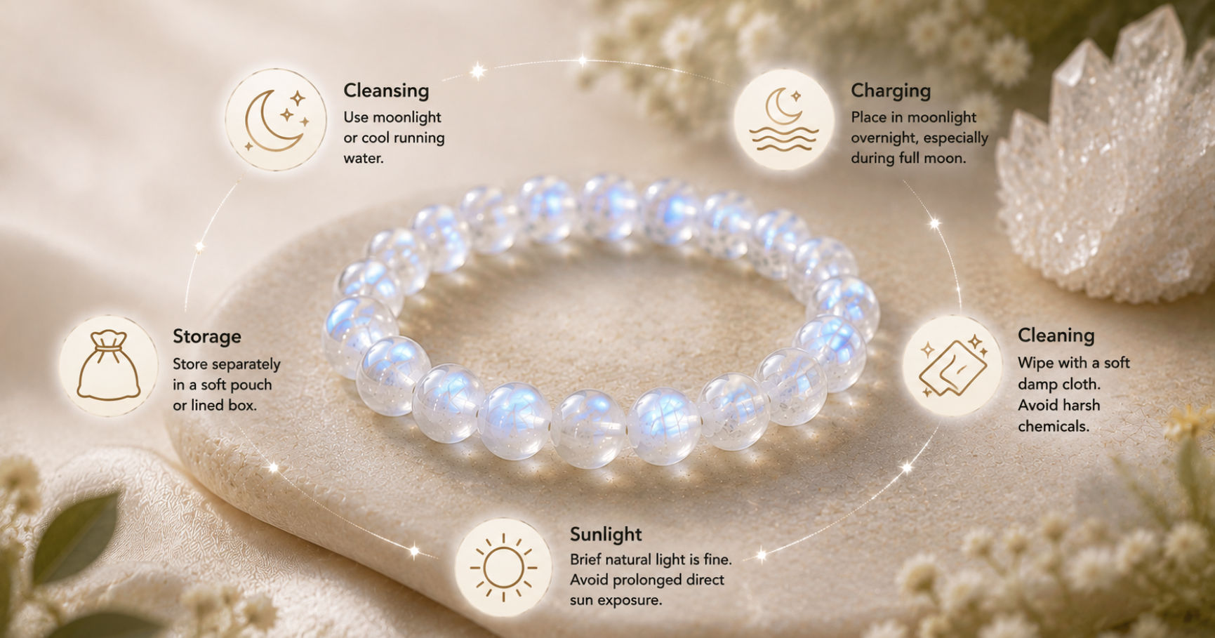 Moonstone Bracelet: Meaning, Benefits & Uses 4 A delicate moonstone bracelet being cleaned gently under tepid water demonstrating how to care for your moonstone crystal bracelet safely.