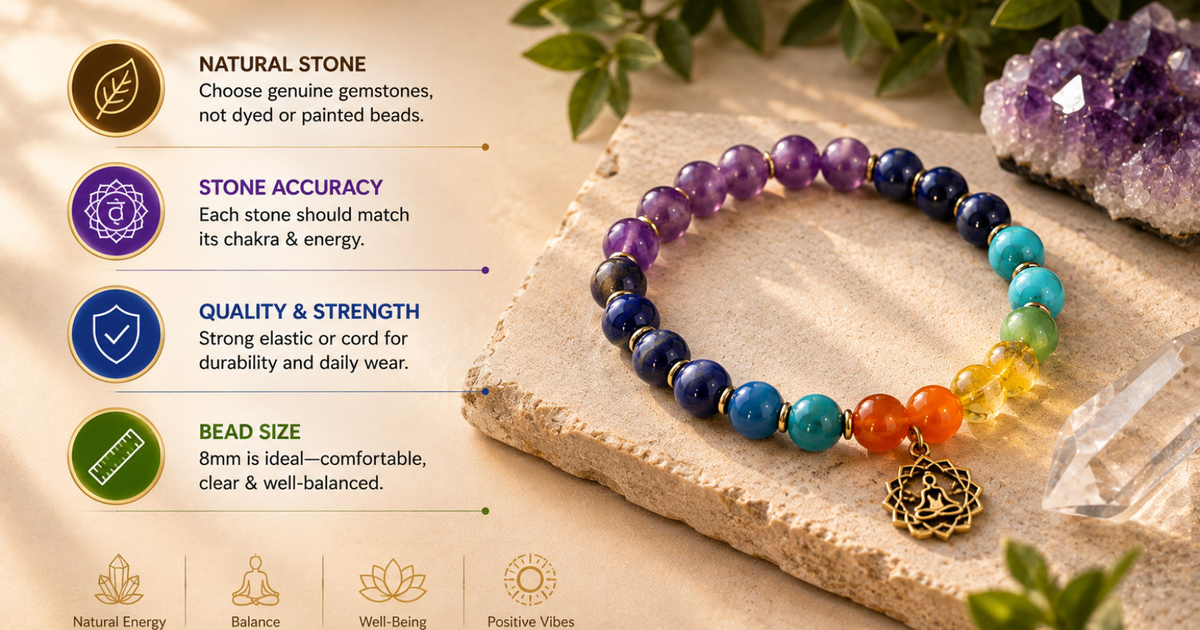 Natural gemstones compared to synthetic beads illustrating how to choose a quality 7 chakra bracelet with authentic real minerals.