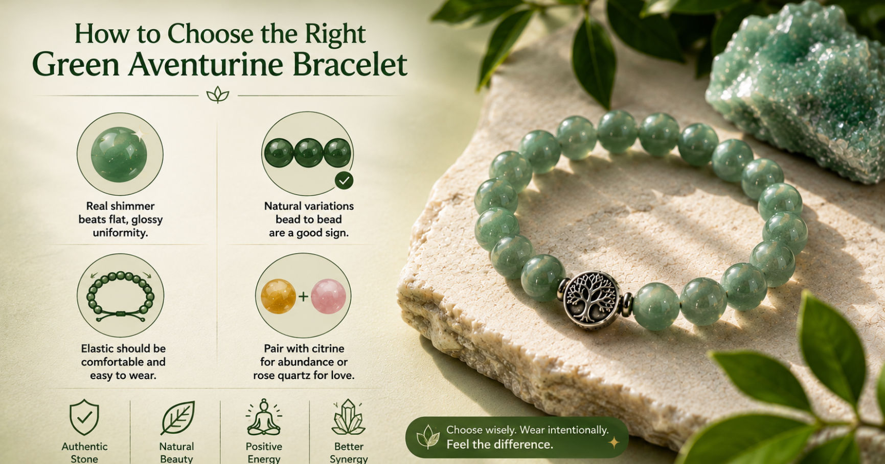 Green Aventurine Bracelet: Meaning, Benefits & Uses 3 A genuine green aventurine bracelet showcasing natural mineral shimmer and slight bead variation versus dyed synthetic alternatives.