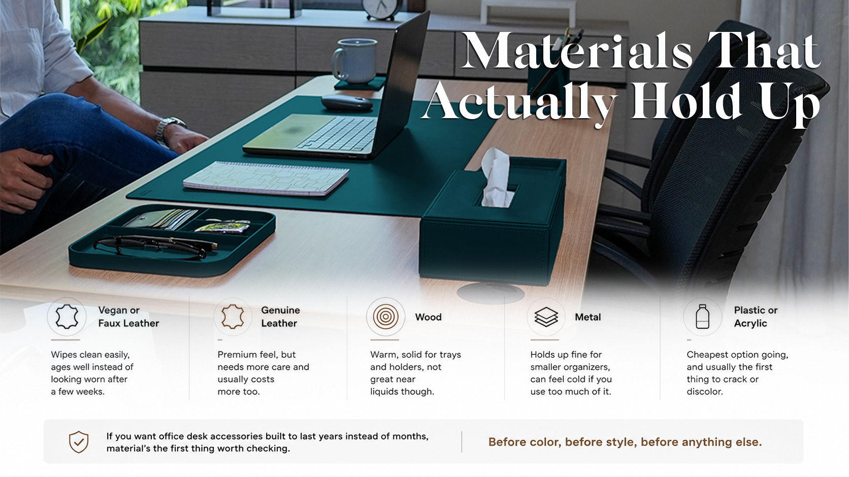High quality leather and metal office accessories demonstrating materials that actually hold up against daily wear.