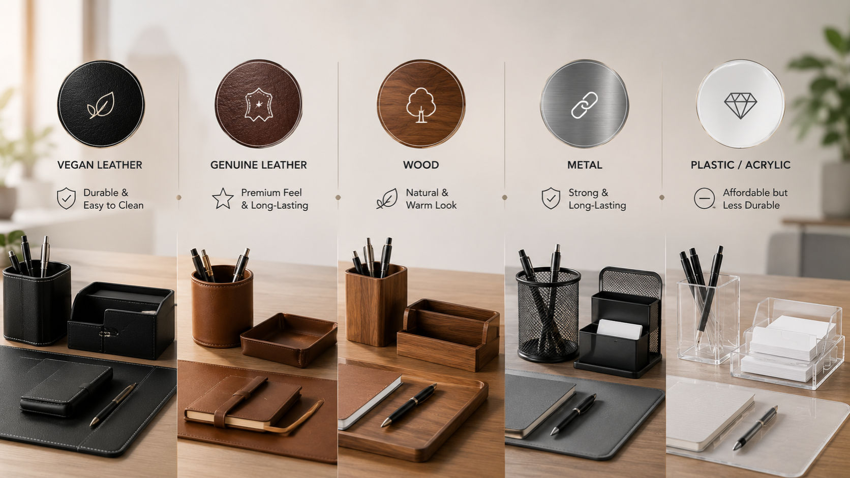 A group of durable vegan leather office desk accessories that are easy to clean and built to last.
