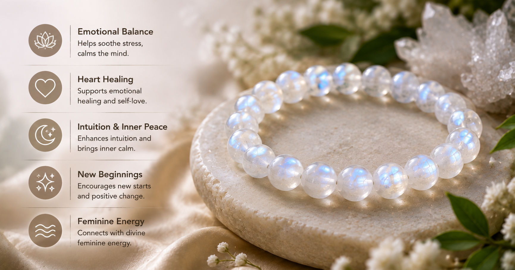 Moonstone Bracelet: Meaning, Benefits & Uses 2 A polished moonstone bracelet displaying shifting lunar light and adularescence representing moonstone bracelet meaning and intuitive energy.