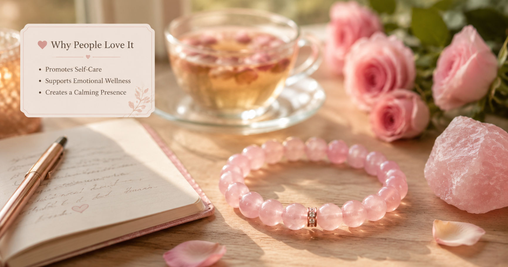Soft pink crystal beads demonstrating rose quartz bracelet benefits for opening the heart chakra and enhancing emotional love.