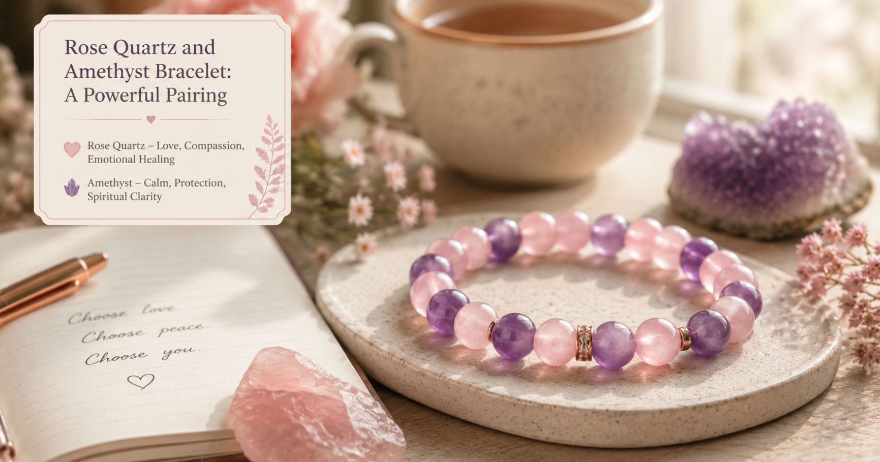 A dual-gemstone rose quartz and amethyst bracelet combining soft pink and purple beads for balancing emotional feeling and mental clarity.
