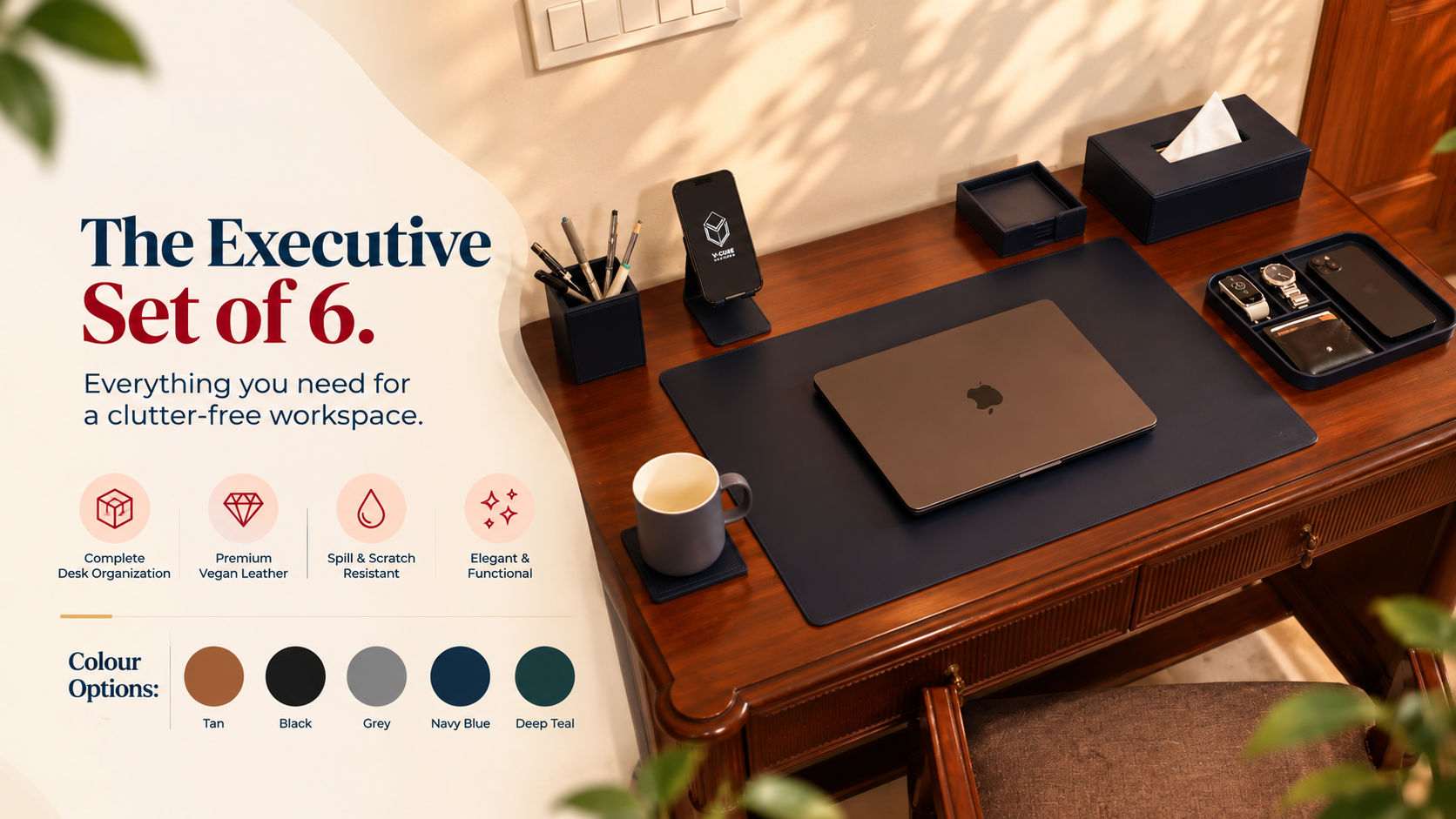 Long-lasting vegan leather modern office desk accessories by V-Cube Designs styled on an executive desk.