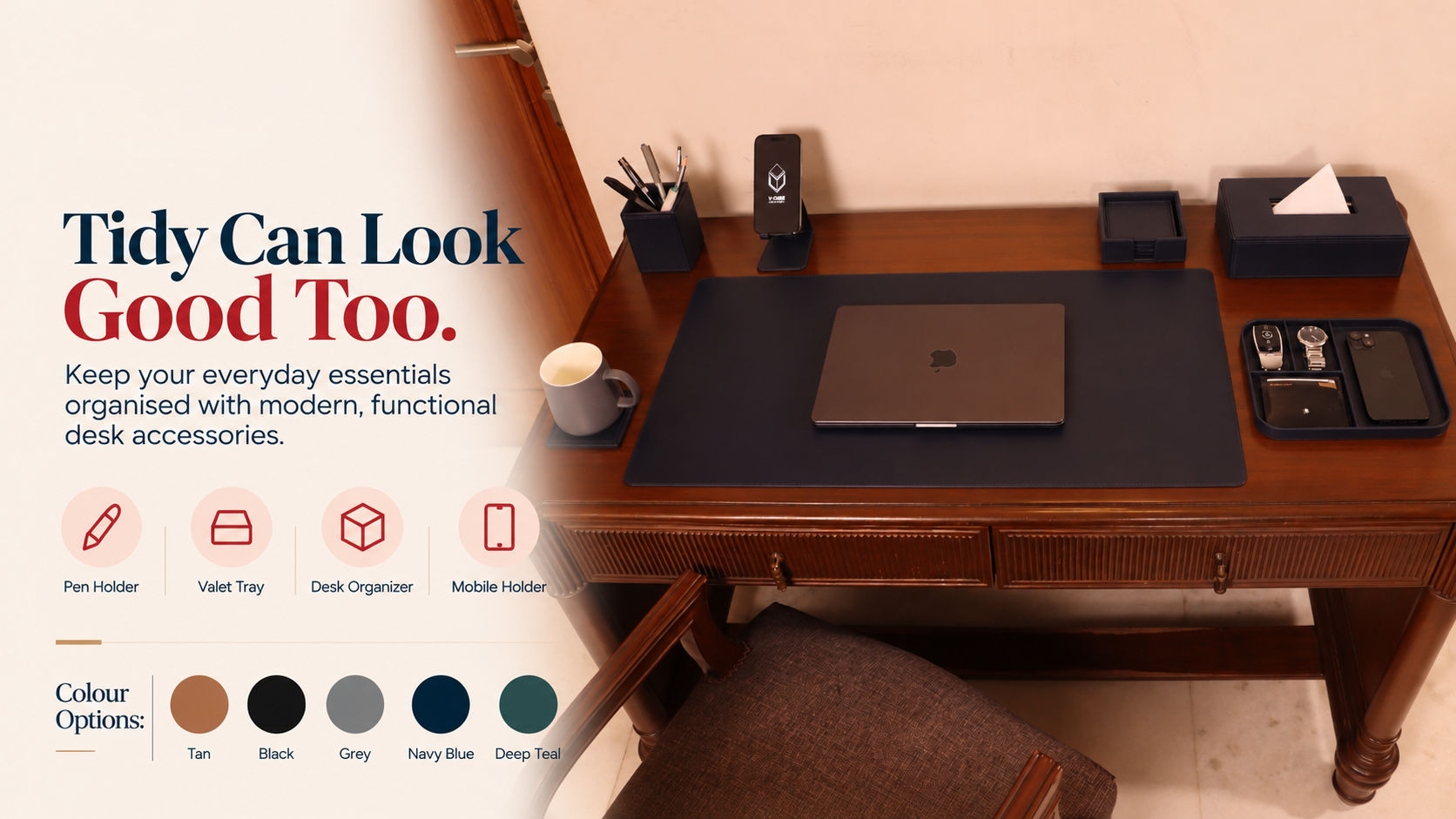 Matching leather coasters and a tissue holder arranged as essential modern office desk accessories on an executive table.