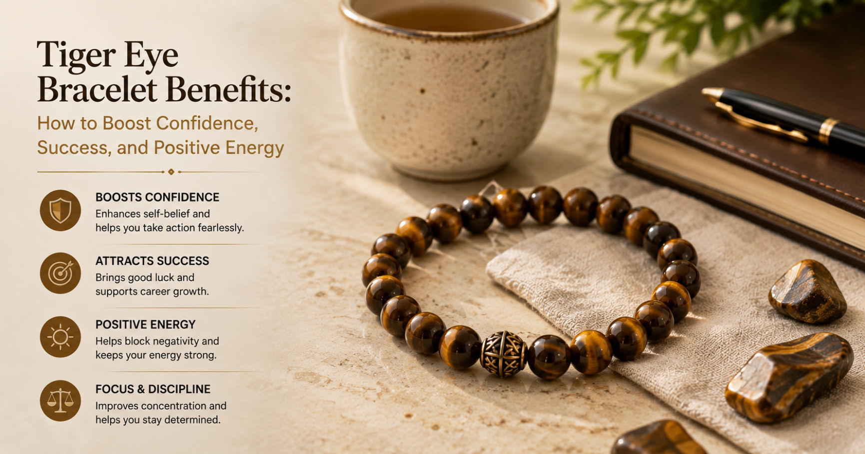Golden brown gemstone beads illustrating tiger eye bracelet benefits for boosting self-confidence, courage, and decisive action.