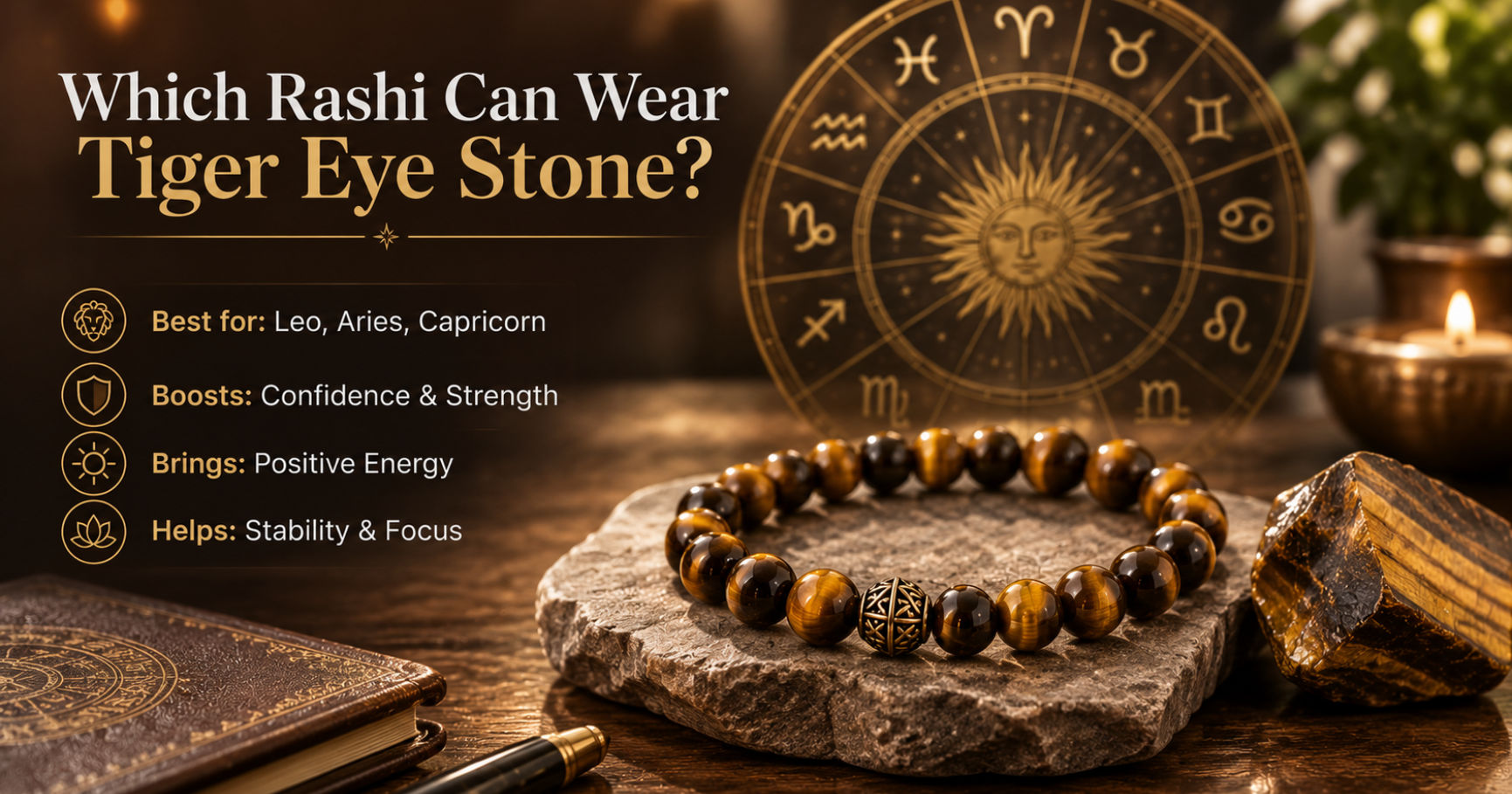 Golden gemstone band illustrating which rashi can wear tiger eye stone, highlighting compatibility for Simha (Leo) and Dhanu (Sagittarius).